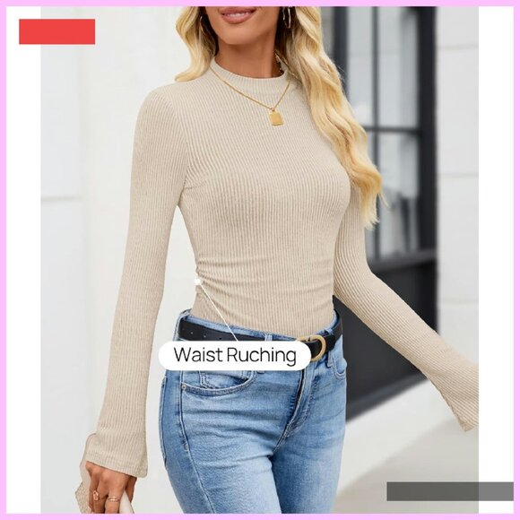 Long Sleeve Mock Neck Ribbed Knit Slim Fit Top Basic Tee - Picture 4 of 4